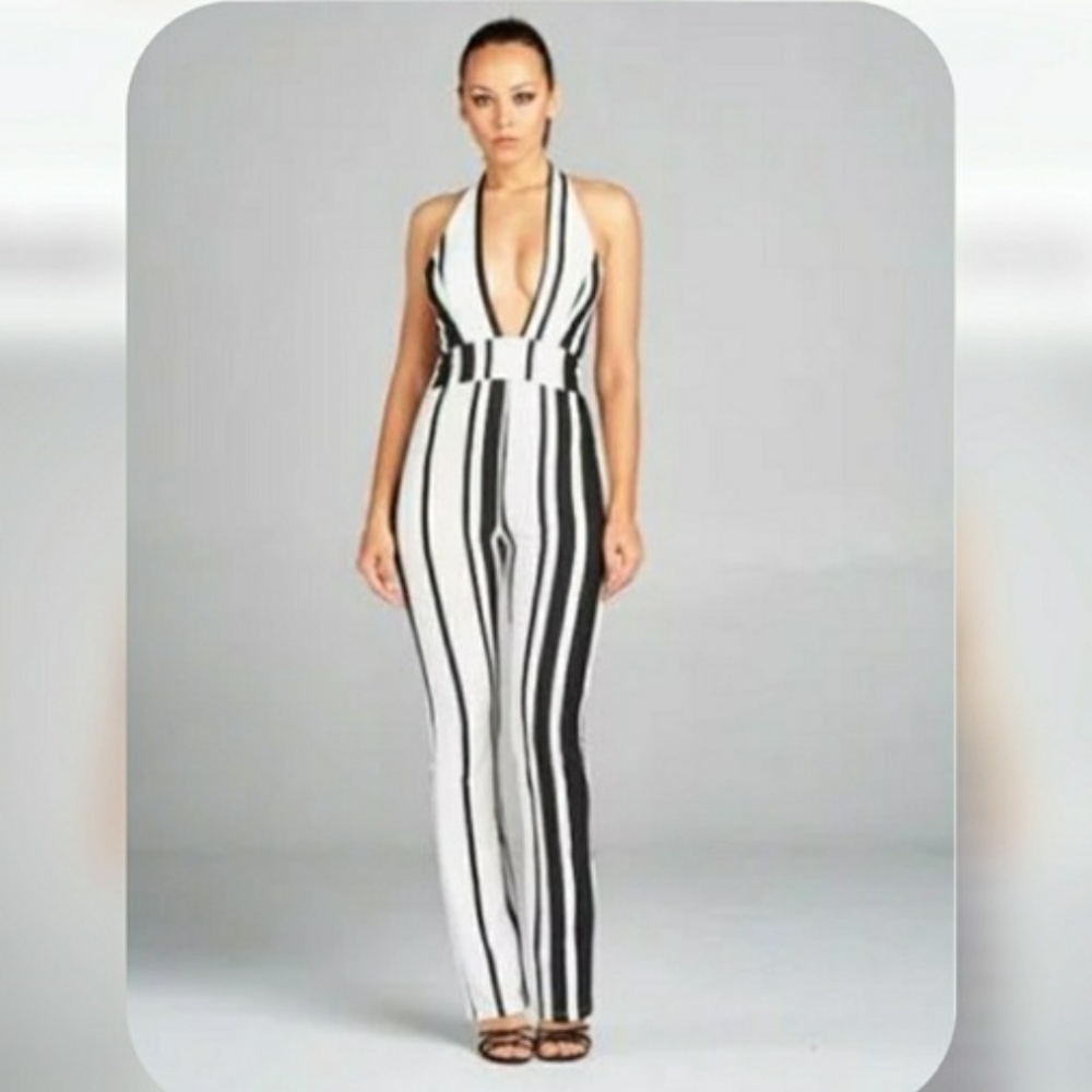 Black and White V-Neck Jumpsuit